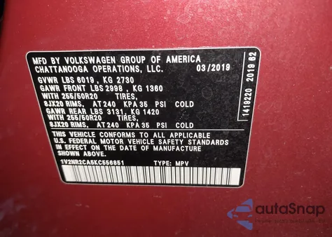 2019 Volkswagen Atlas 3.6L V6 Sel Premium из США, поврежденный, VIN 1V2NR2CA5KC556851